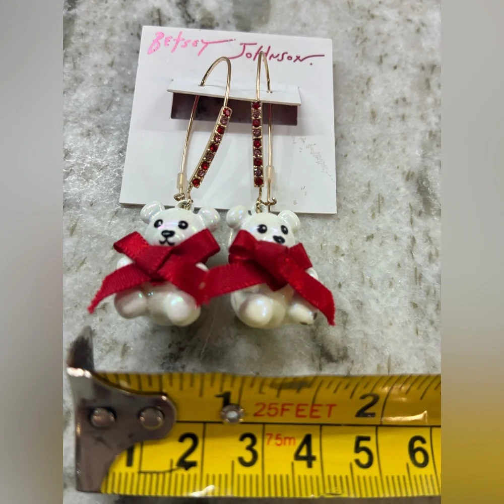 Betsey Johnson White Bear Earrings with Red Bows - Picture 4 of 4